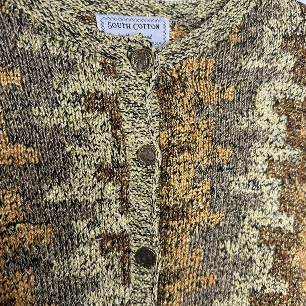 South Cotton Hand Knit Sweater Cardigan Brown Gold - Small - Picture 2 of 9
